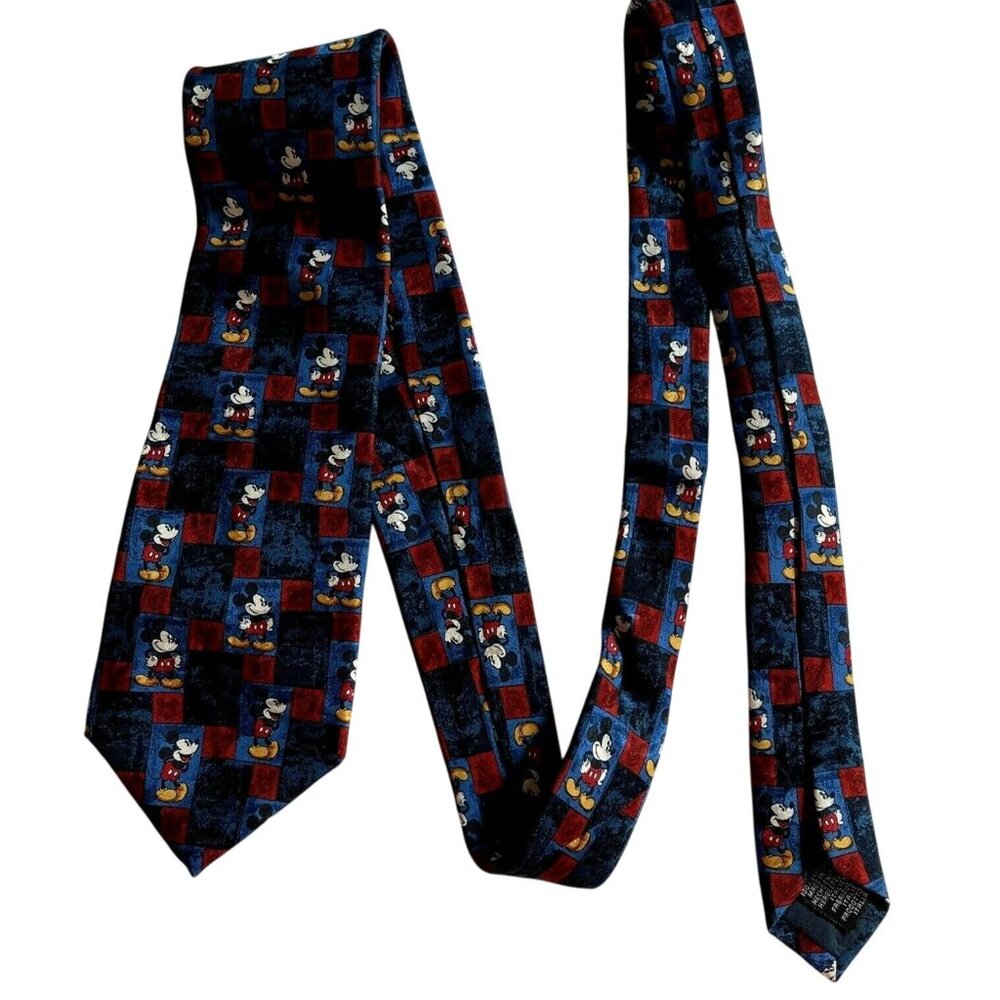 Vintage Disney Mickey Mouse Checkerboard Print Silk Necktie Made In Italy - Picture 2 of 6